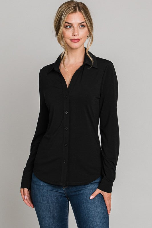 Essential stretch black button-up blouse, view 1