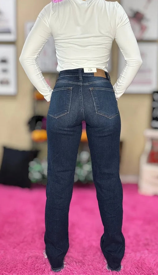 Judy Blue Vivian raw hem straight leg jeans, front view