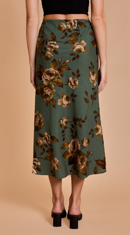 Floral Me satin midi skirt in sage green floral, front view