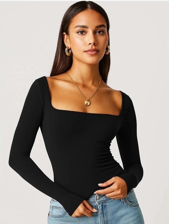 Sculpted square-neck long sleeve crop top, view 1