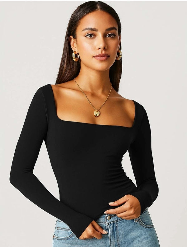 Sculpted Square-Neck Long Sleeve Crop Top