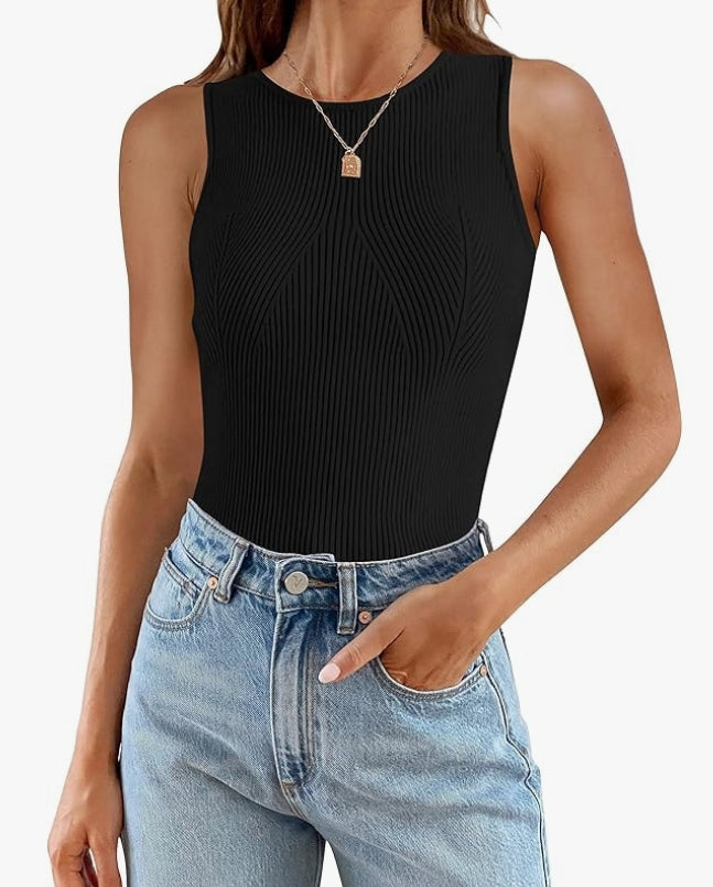 Camille ribbed knit tank top in black, front view