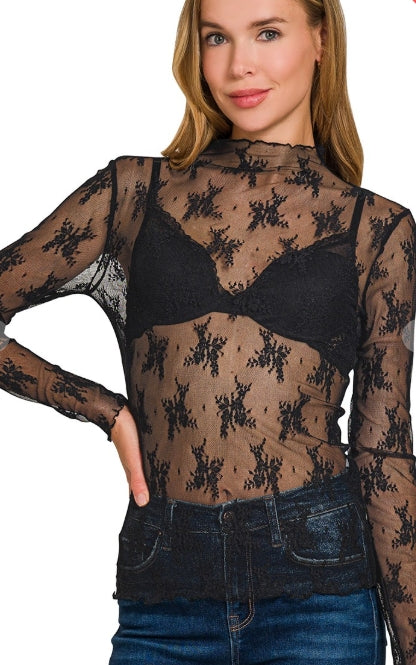Nightfall Sheer Lace Mock-Neck Top