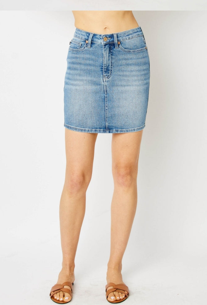 Judy Blue Work It tummy control denim skirt, front view