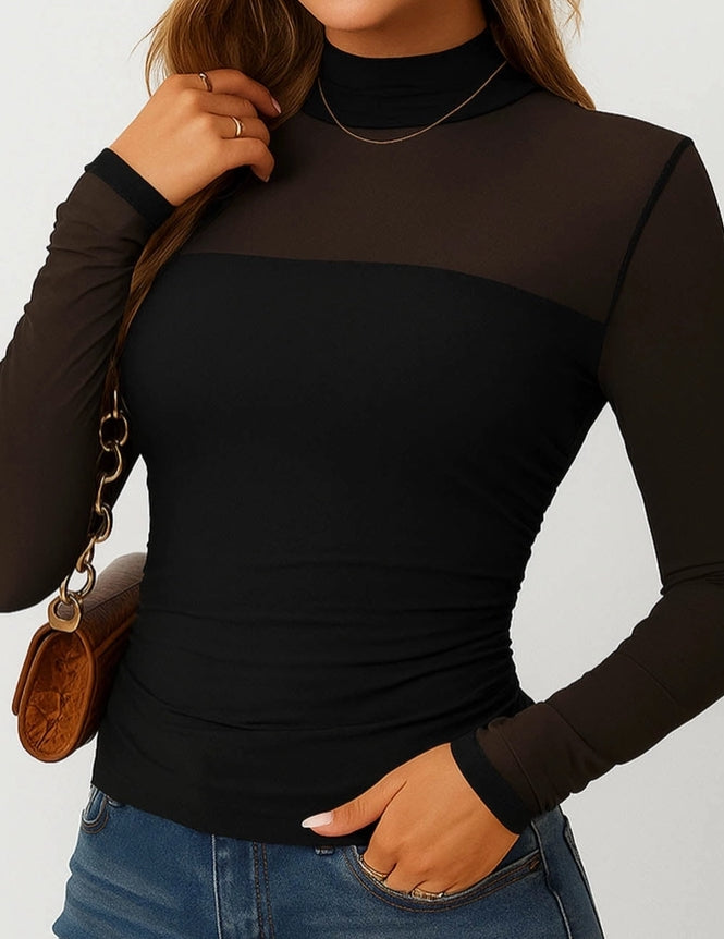 Sheer Silhouette mesh panel long sleeve top, view 1