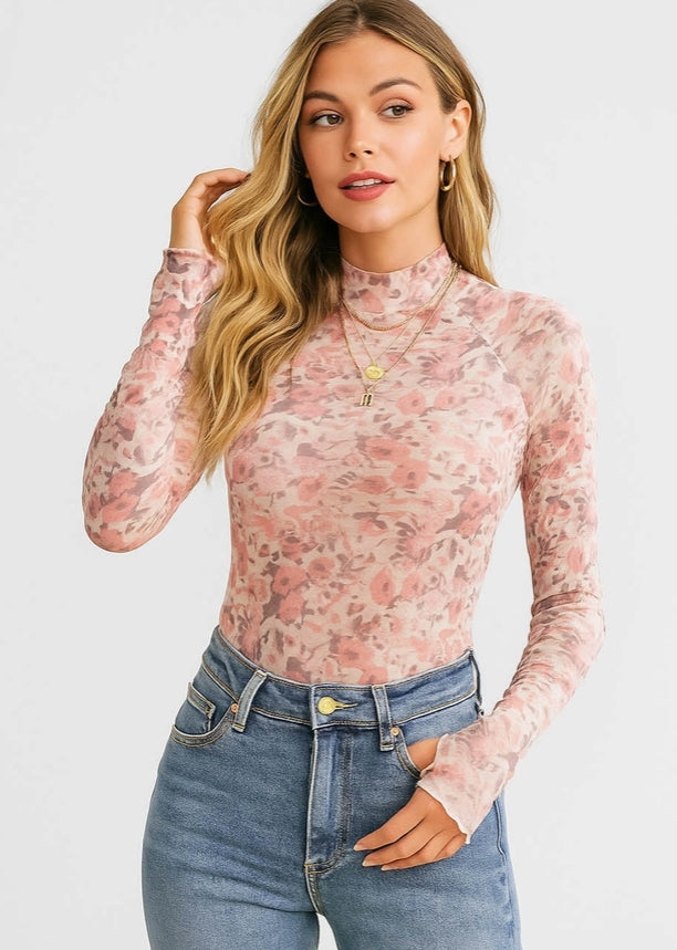 Bloom Whisper sheer floral mesh mock-neck top, view 1
