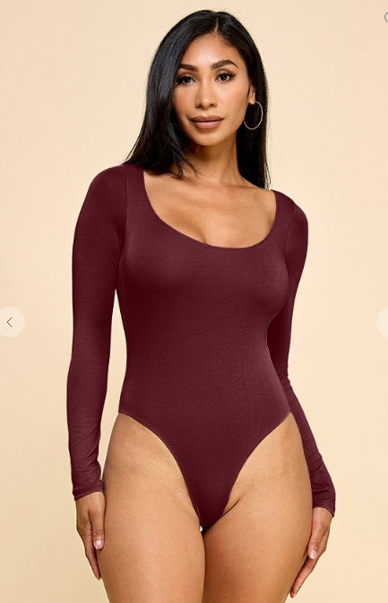 Justine burgundy scoop neck bodysuit, front view