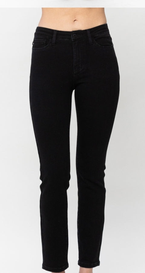 Judy Blue Noir black mid rise skinny jeans, front view