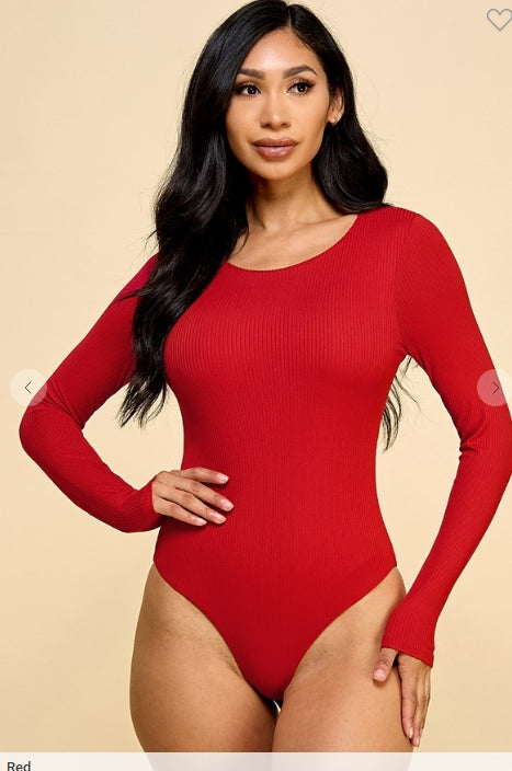 Jasmine red ribbed crew neck bodysuit, front view