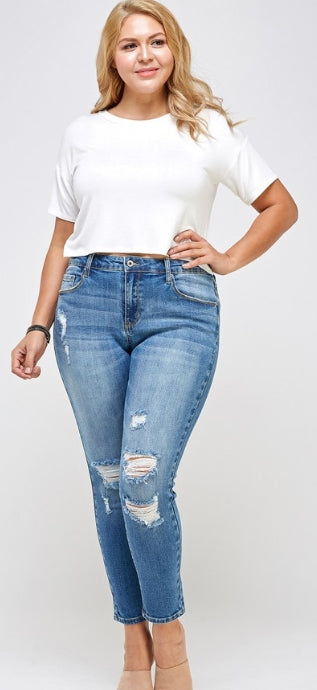 Riviera Rise plus size distressed ankle skinny jeans, view 1