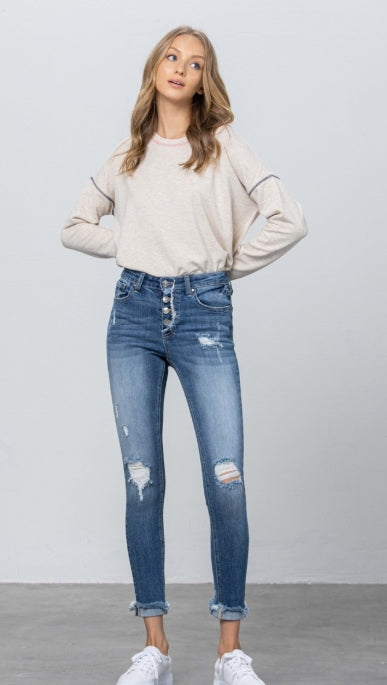 Skyline mid-rise distressed skinny jeans, view 1
