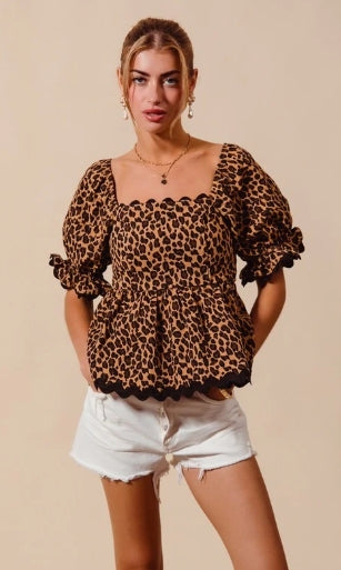 Savage Sweetheart leopard puff sleeve top, view 1