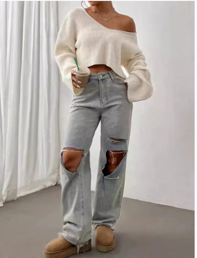 Cozy Curve V-neck cropped knit sweater, view 1