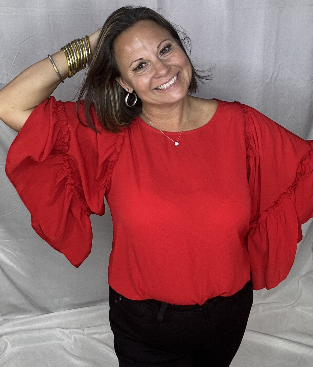 Blaine ruffle sleeve bubble crepe top, front view
