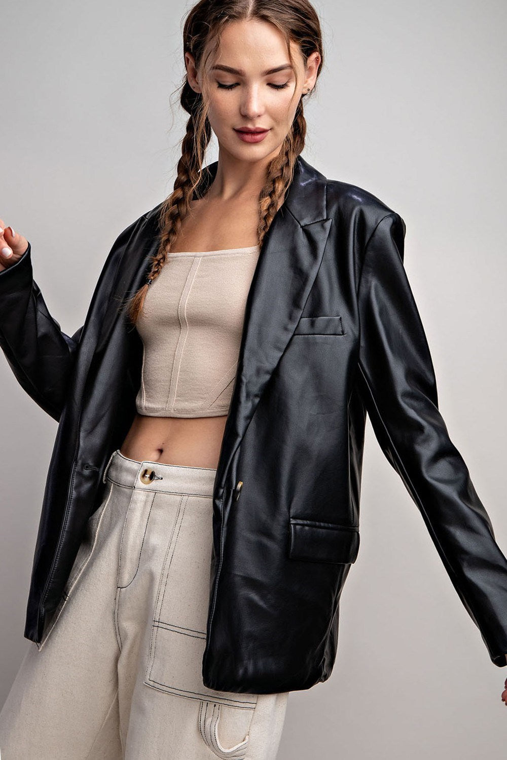 Manhattan black faux leather blazer, view 1