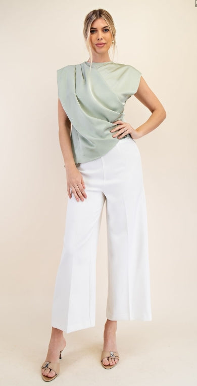 Natalie draped wrap top in cream, front view