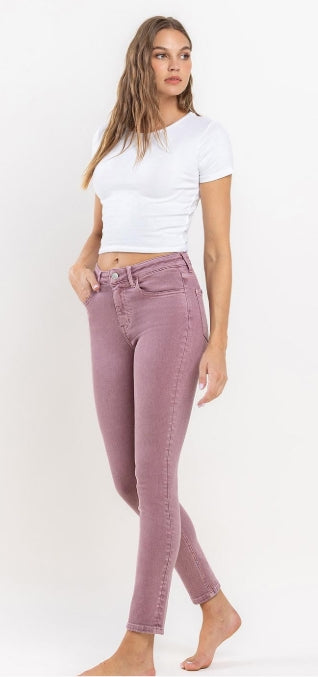 Vervet Michelle high rise ankle skinny jeans in muted rose, front view