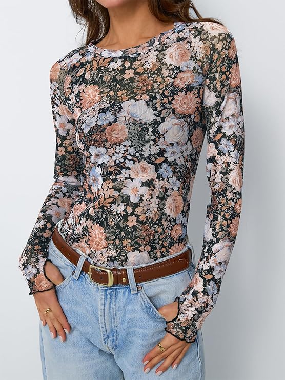 Floral Me sheer floral mesh top, front view