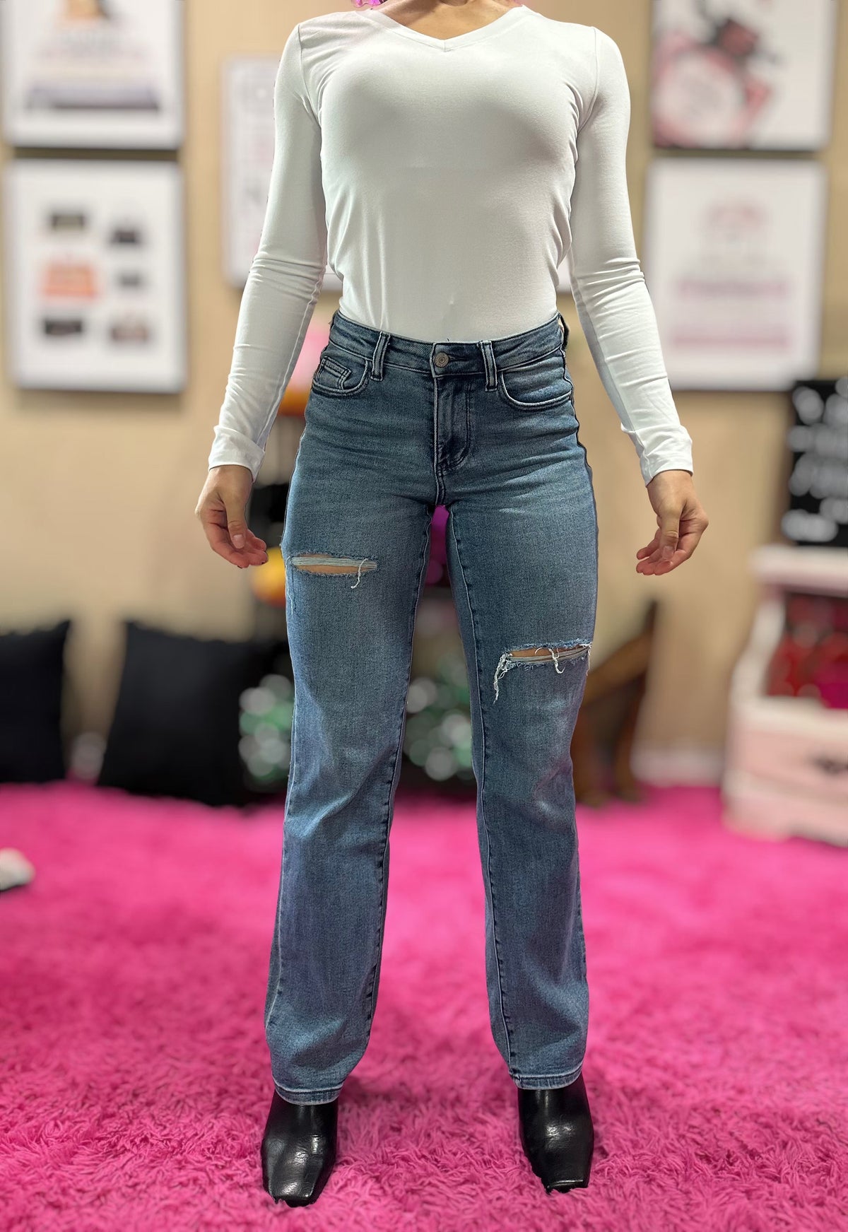 Judy Blue Spencer distressed dad jeans, front view